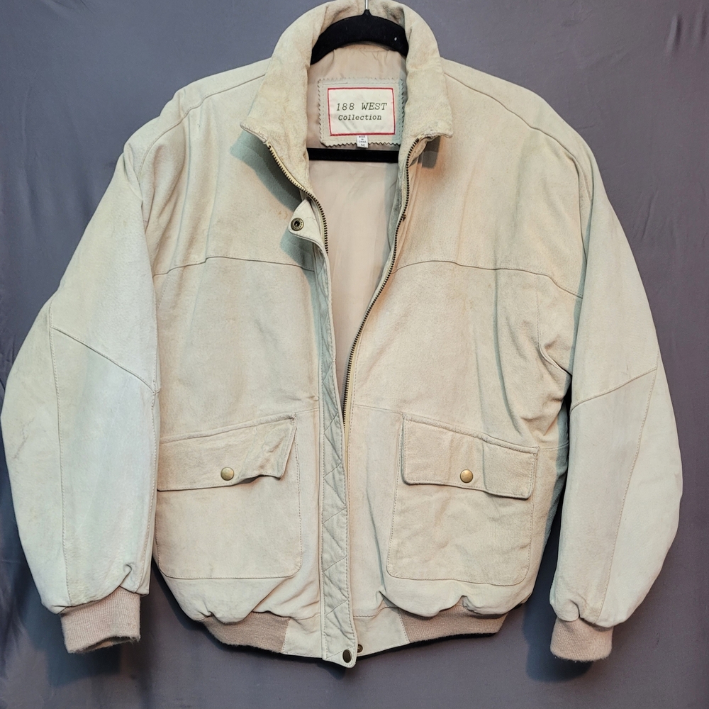 Vintage 188 West Collection Beige Genuine Leather Bomber Jacket